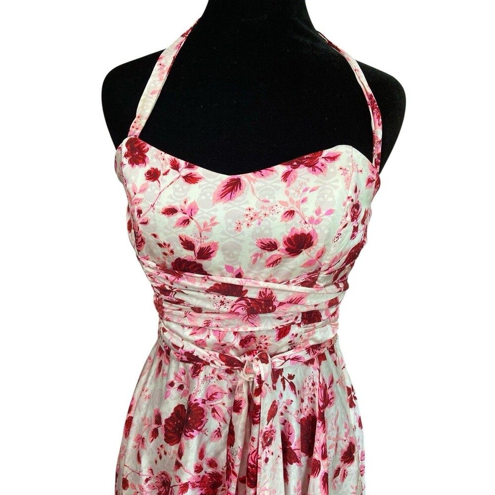 Vtg Betsey Johnson Silk Halter Dress Size 4 Pink‎ Red Floral Y2K Fit & Flare USA - Picture 3 of 16